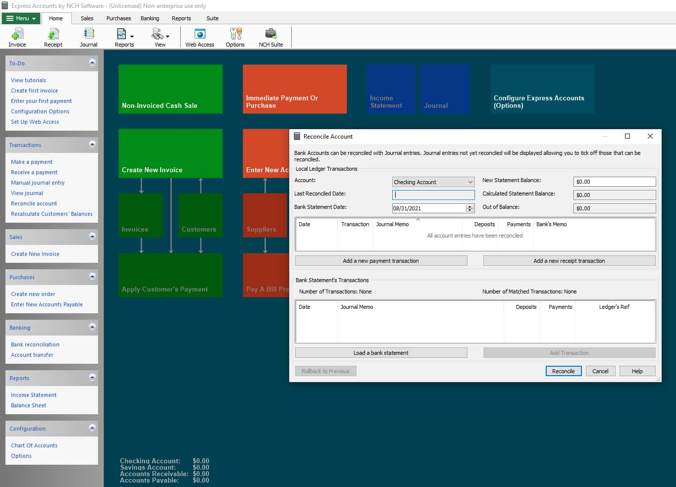 Screenshot of NCH Express Accounting Software Bank Reconciliation Example