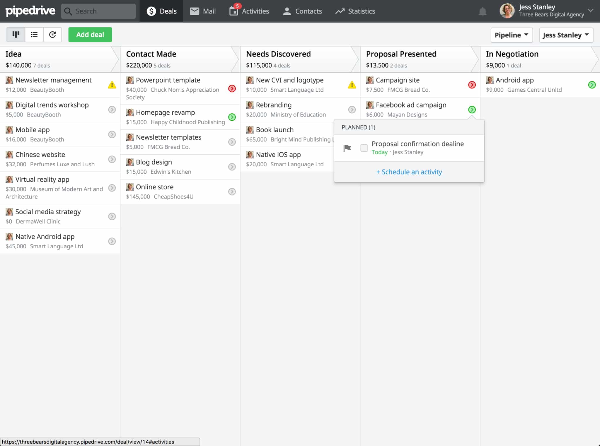 Screenshot of Pipedrive view of deal stages