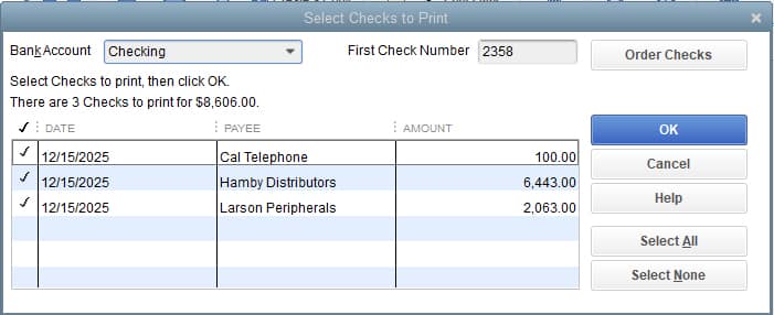 Screenshot of QuickBooks Desktop Batch Print Checks