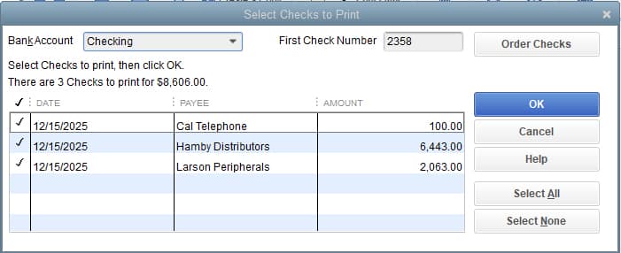 Screenshot do QuickBooks área de Trabalho de Impressão em Lotes Verifica