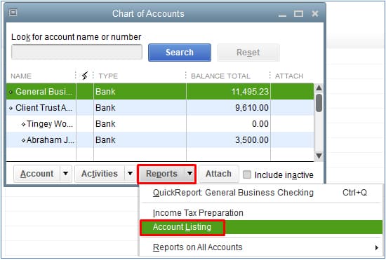 Screenshot of QuickBooks Desktop Display Account Listing
