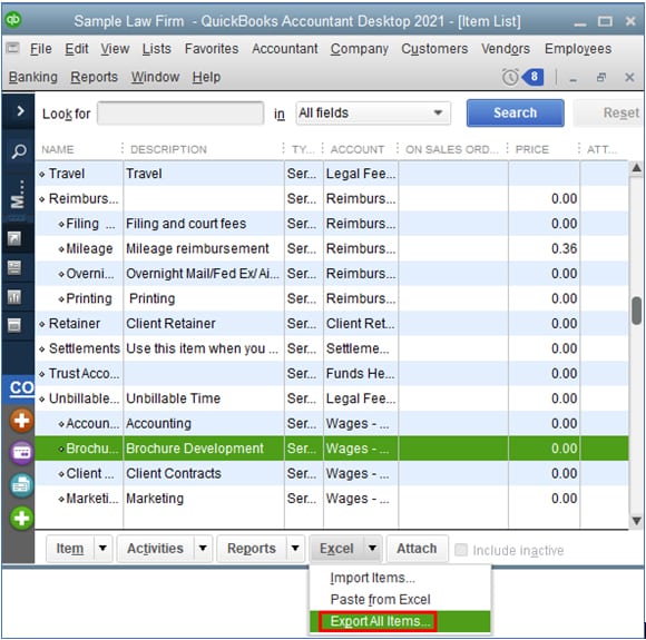 Screenshot of QuickBooks Desktop Export All Items