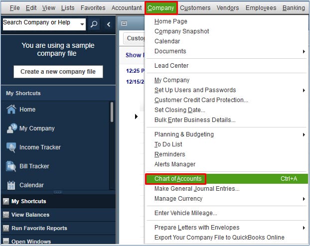 Screenshot of QuickBooks Desktop Navigate to Chart of Accounts