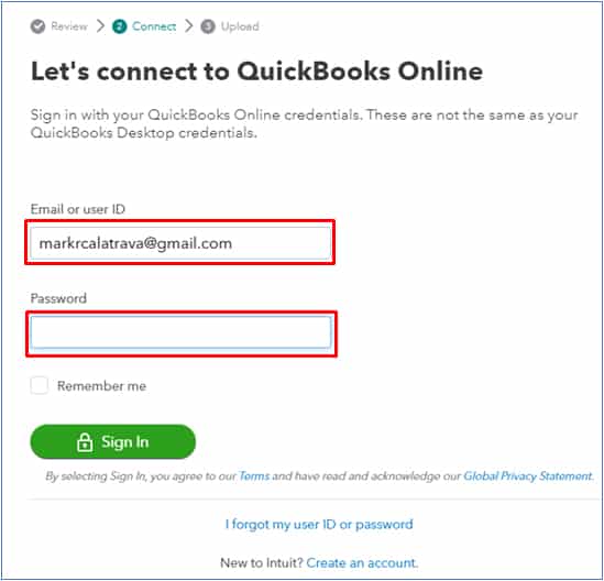 Screenshot of QuickBooks Desktop QuickBooks Online Sign-in Screen