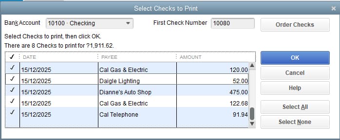 captură de ecran a QuickBooks Desktop selectați verificări pentru a imprima