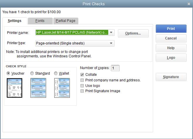  Capture d'écran de QuickBooks Desktop Sélectionnez l'imprimante et vérifiez le Style 