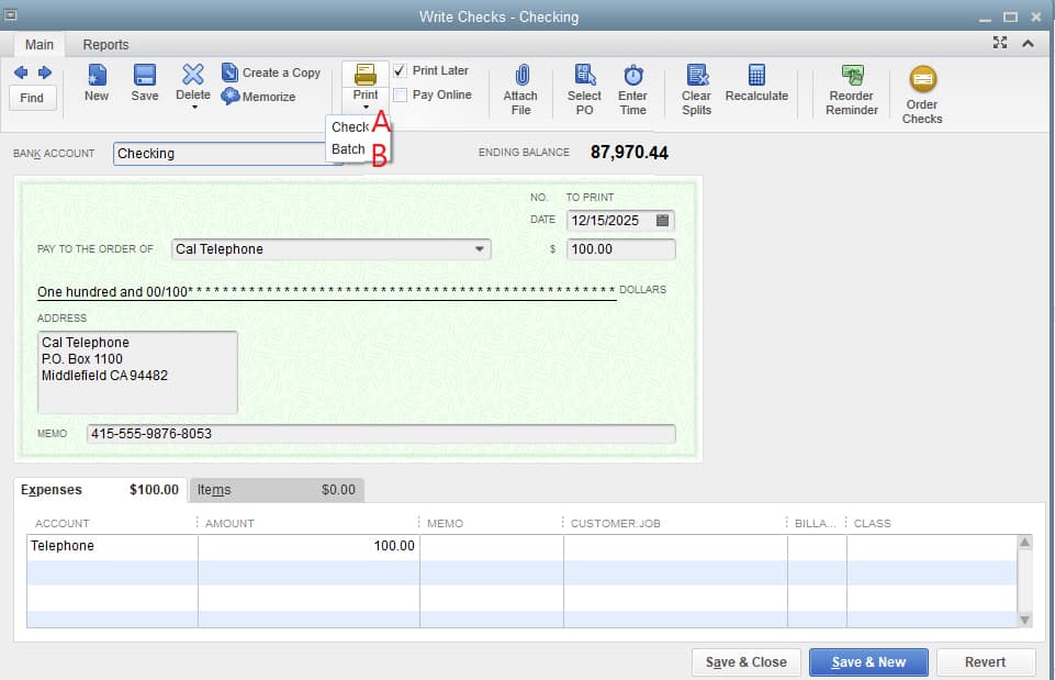 Screenshot of QuickBooks Desktop Selecting Check or Batch of Checks