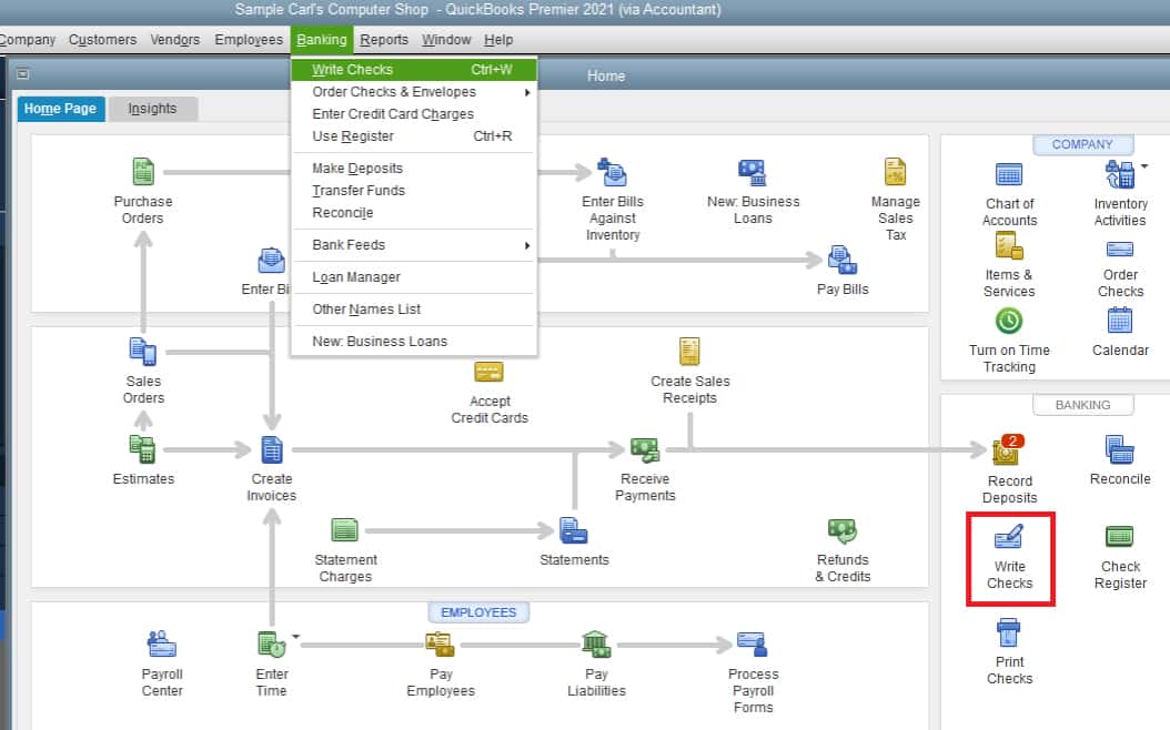 skärmdump av QuickBooks Desktop Skriv kontroller