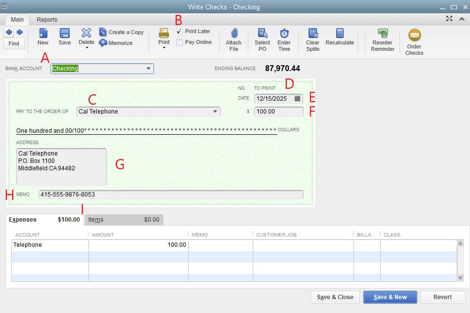 Screenshot of QuickBooks Desktop Write Checks Window