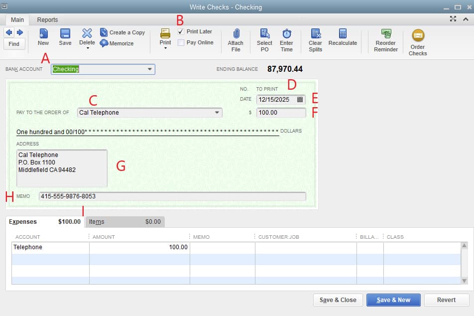 kuvakaappaus QuickBooks Desktop Write Checks Window