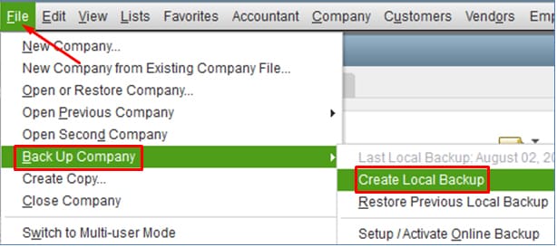 Screenshot of QuickBooks Desktop backup company file