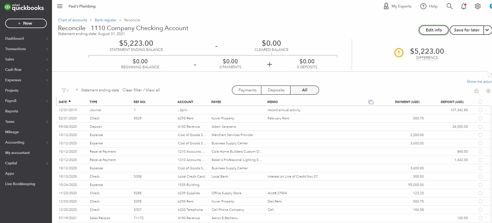 View of QuickBooks Online Bank Reconciliation.