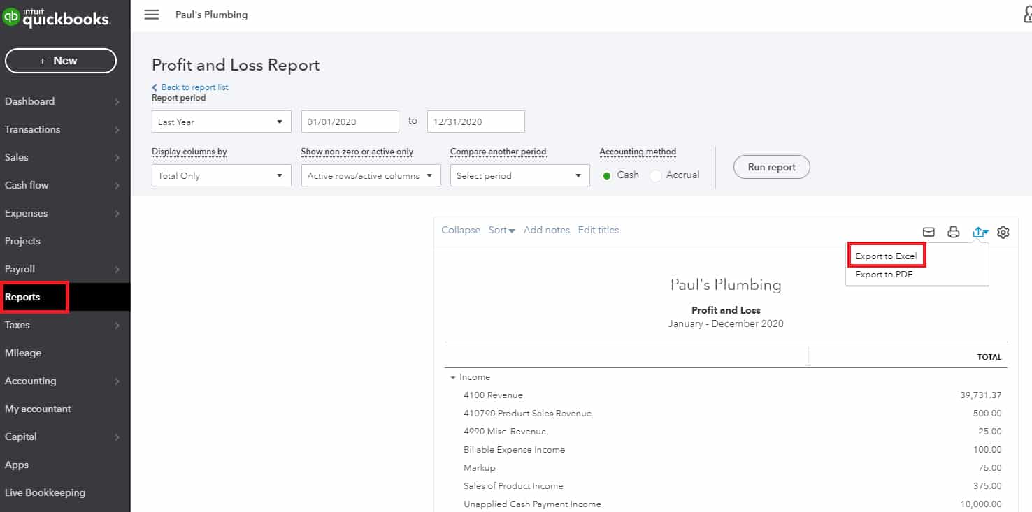 Screenshot of QuickBooks Online Exporting Reports to Excel