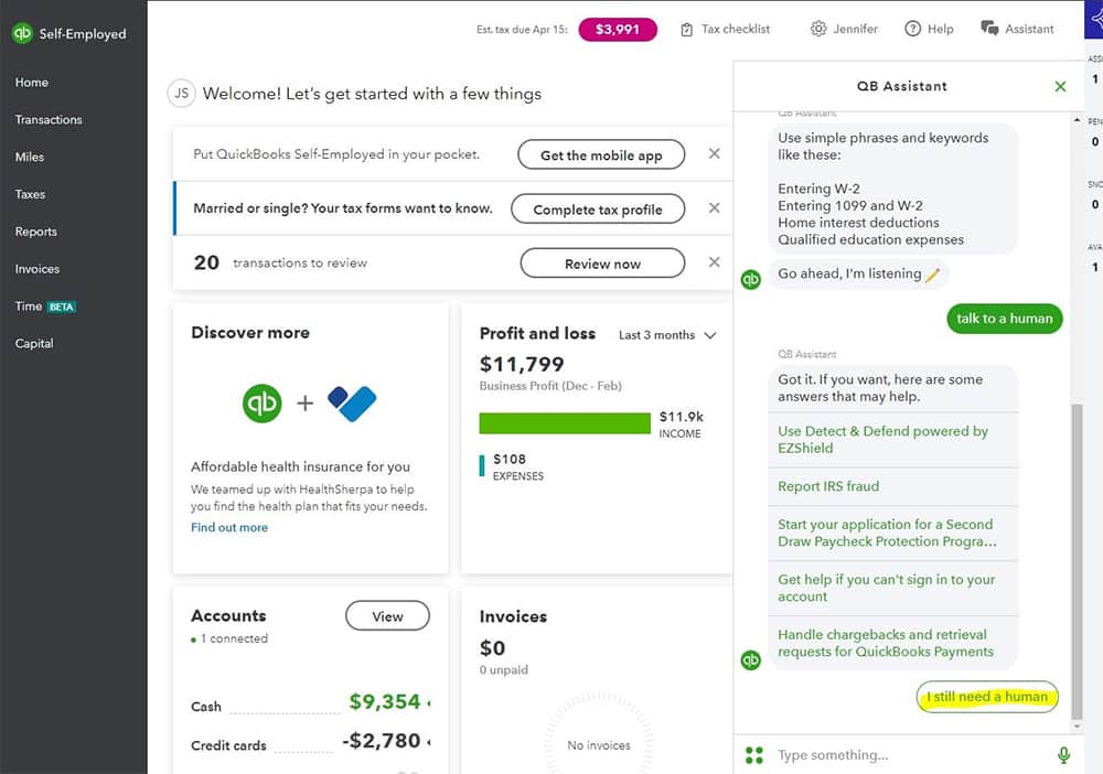 QuickBooks Self-Employed dashboard example that integrates with TurboTax.