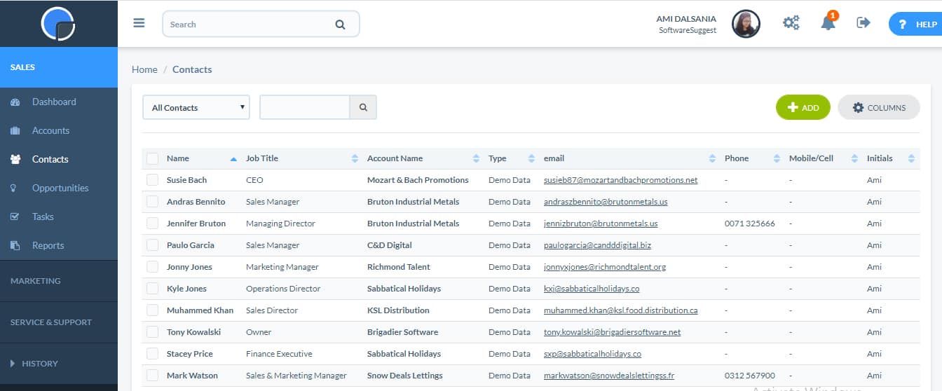 Screenshot of Really Simple Systems Contacts List View