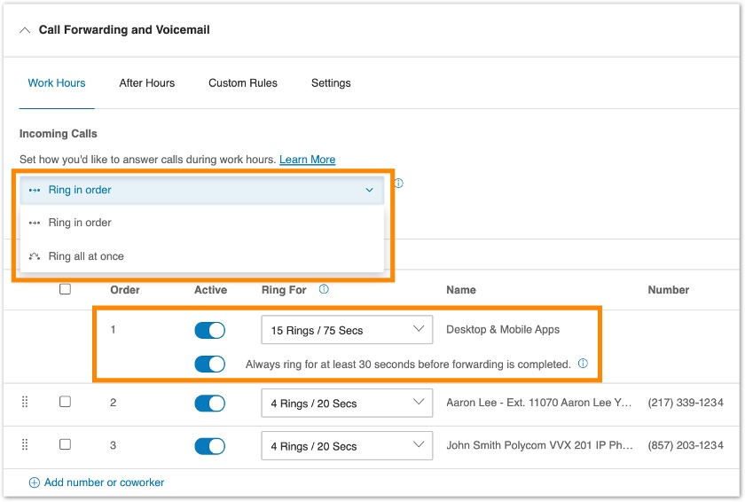 RingCentral call forwarding and voicemail settings.