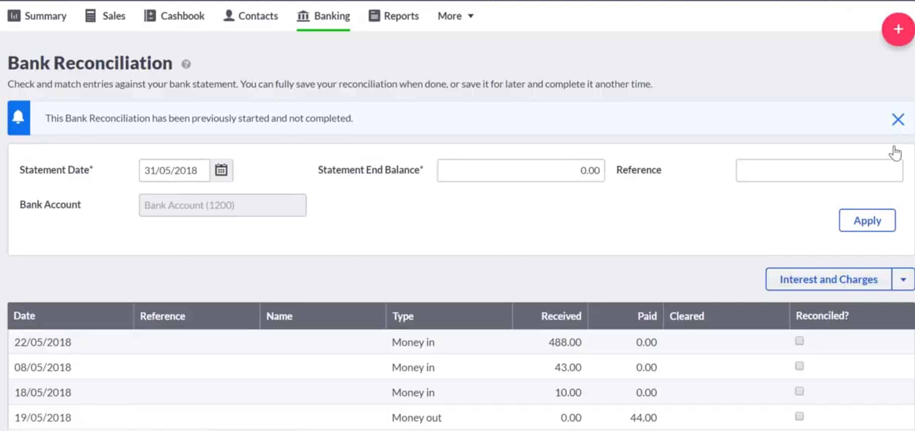 Screenshot of Sage Business Cloud Accounting Bank Reconciliation Example