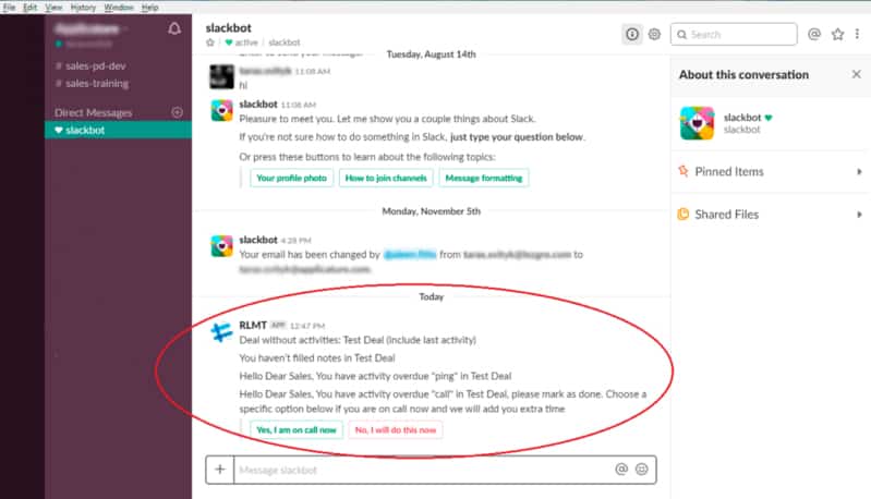 Screenshot of Slack Pipedrive Integration with Deal Bot