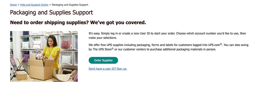 Screenshot of UP Packaging and Supplies support