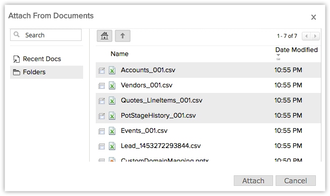 Zoho CRM folder sharing and document attachments with 1GB storage allocation.