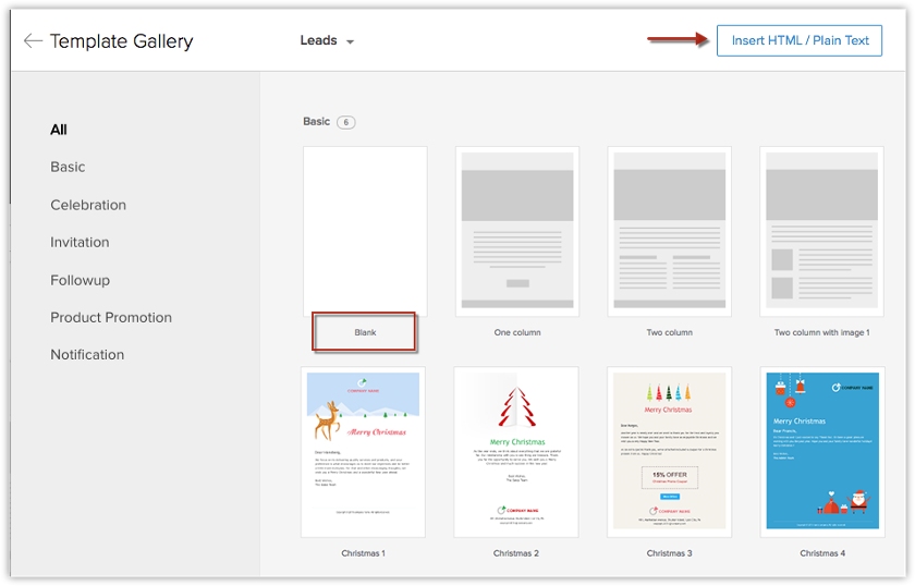 Zoho CRM template gallery with pre-designed email templates.