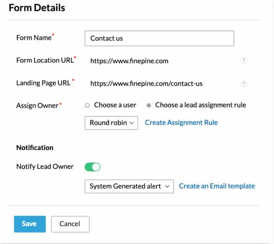 Screenshot of Zoho Online Web Form Generator