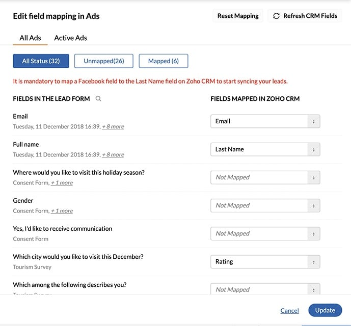 Zoho data field mapping in ads.