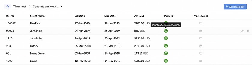 Zoho invoice timesheet push to Quickbooks Online.