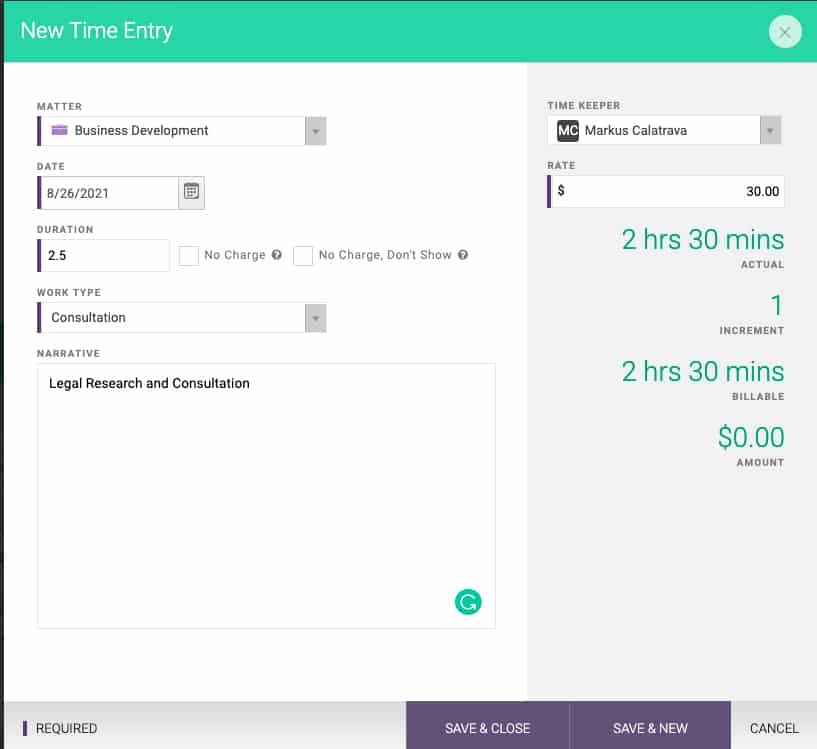 Screenshot of Zola Suite Adding New Time Entry