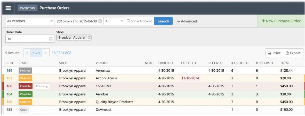 Screenshot of Lightspeed Manage Purchase Orders