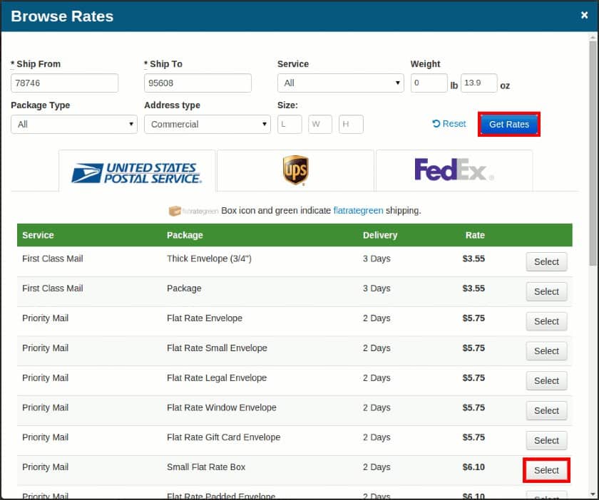 Screenshot of ShippingEasy Comparing Wide Range of Shipping Options
