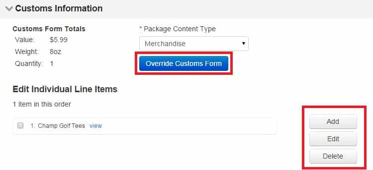 The customs information form on the ShippingEasy web app with fields for value, weight, quantity, and package content.