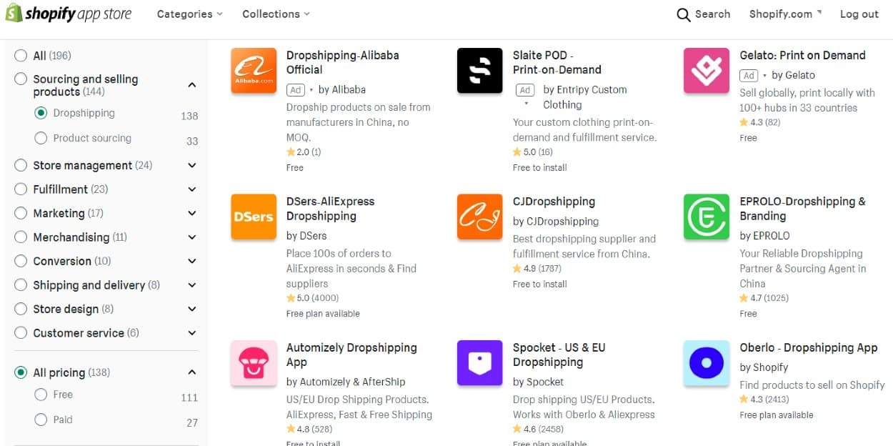 Showing Shopify's app store dropshipping.