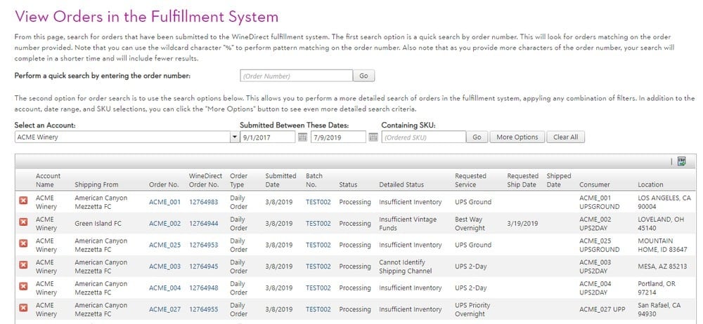 Showing wine direct orders view.