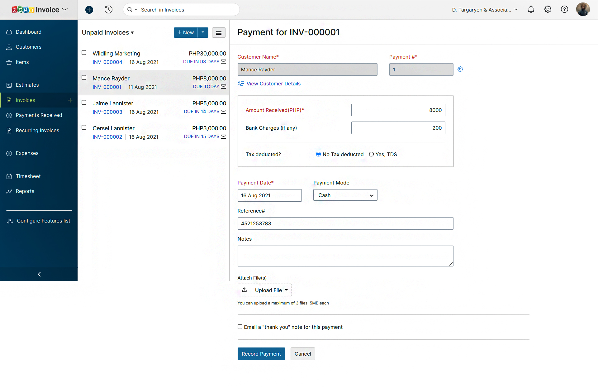 Zoho Invoice recording payments.