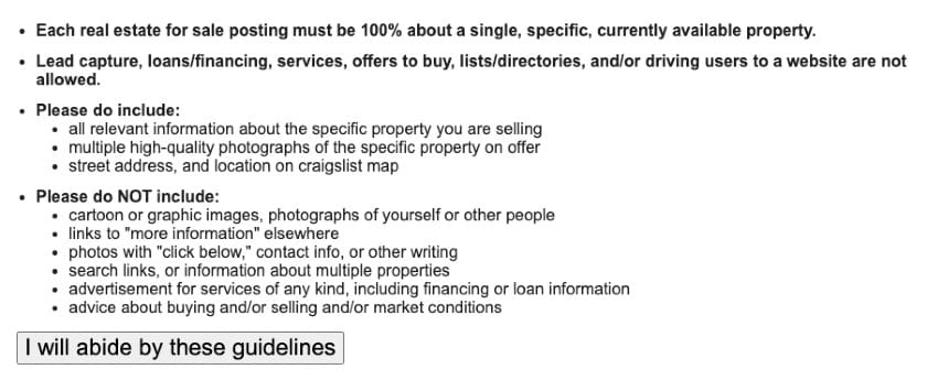 Abide to Craiglist real estate posting guidelines