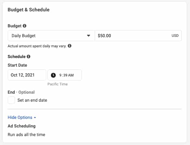 Ad Budget and Scheduling settings