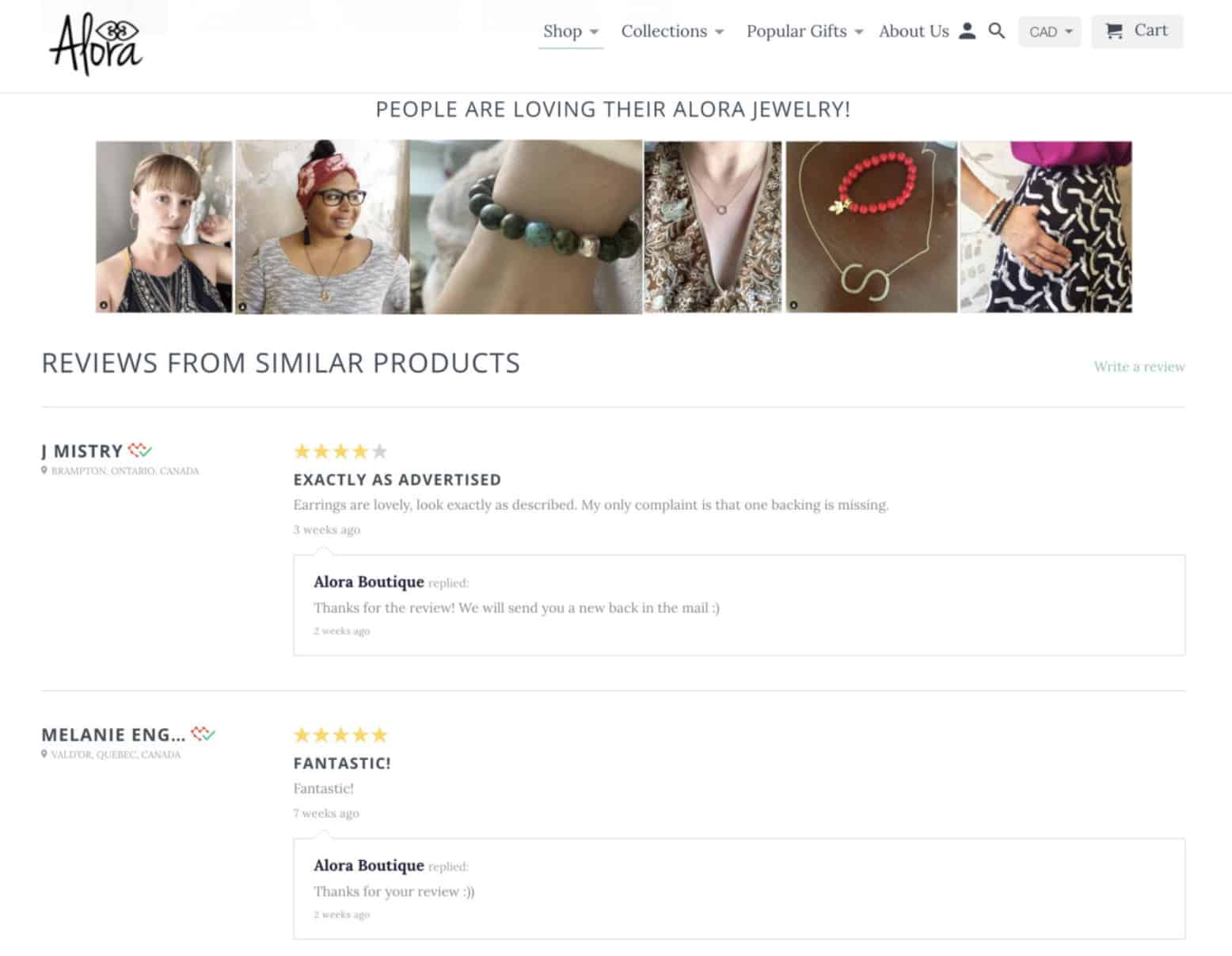 Screenshot of Alora.ca jewelry ecommerce store