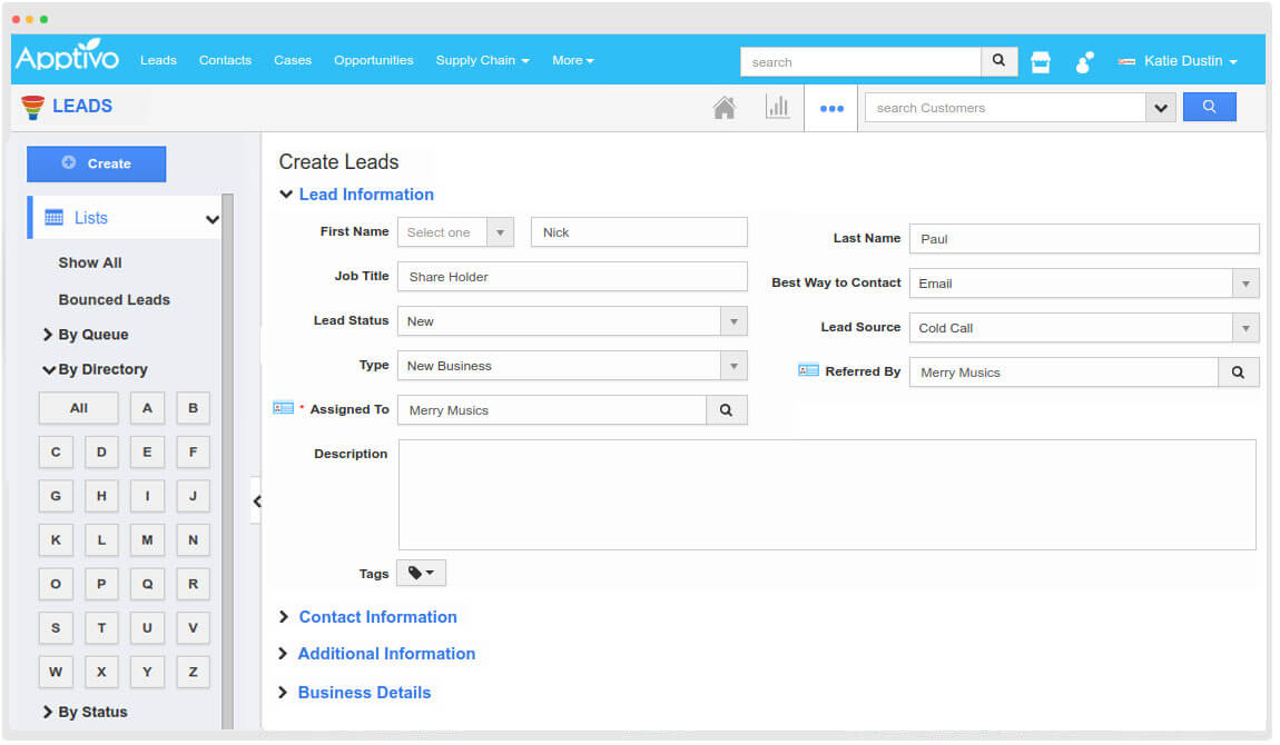 Screenshot of Apptivo creating leads