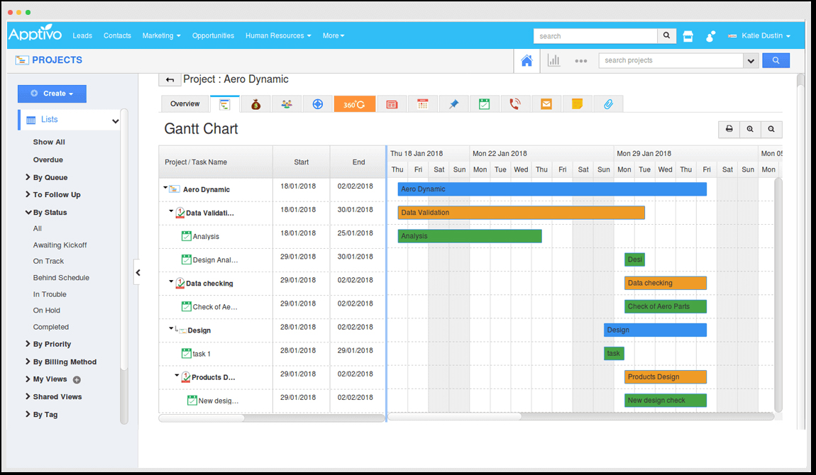 Apptivo's task management in Kanban-style board.