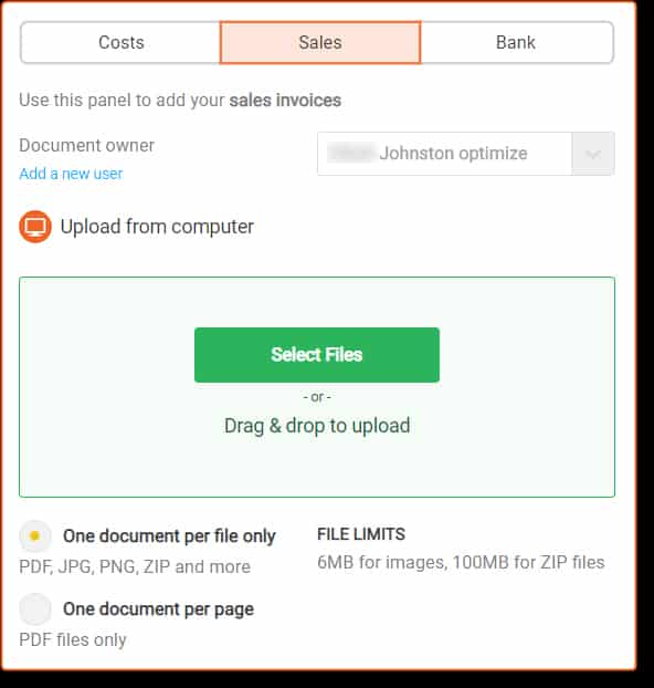 Screenshot of Dext Prepare Adding Documents to Sales Panel