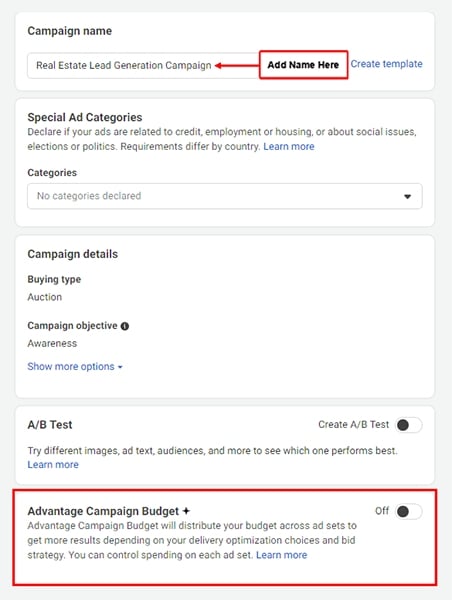 Screenshot of Facebook's Ad Manager section highlighting the "Advantage Campaign Budget" section.