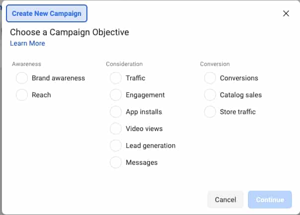 Facebook Campaign Objective Choices