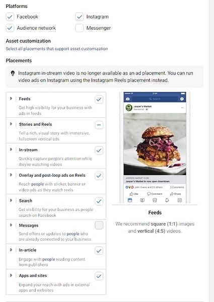 Facebook ad placement options