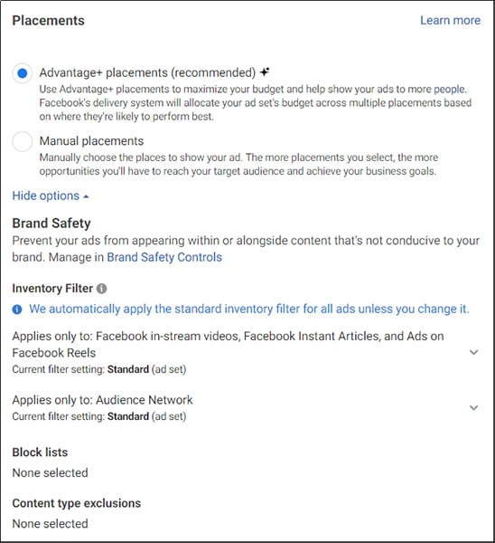 Facebook ad placement selection options