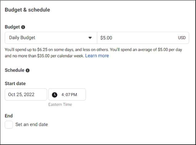 Facebook ad posting budget and schedule setting