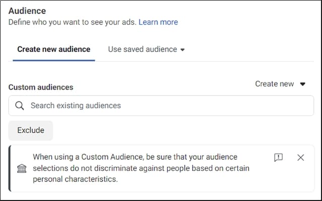 Facebook ad target audience settings
