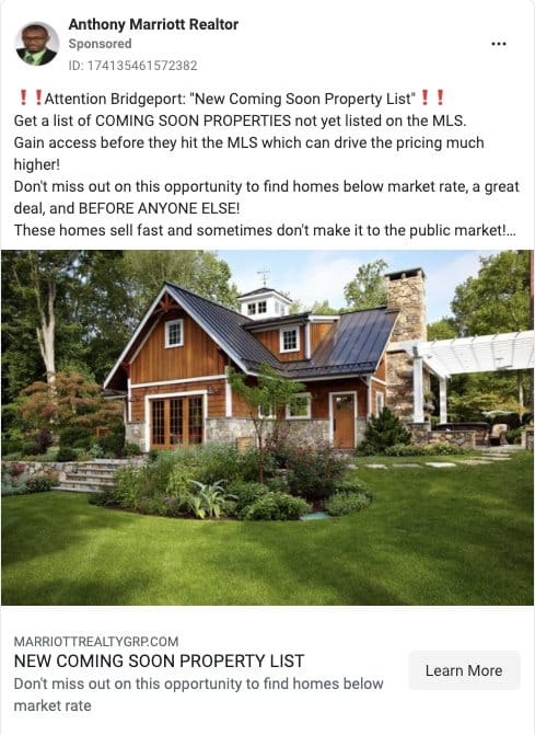 Facebook real estate ad example from Anthony Marriott Realtor