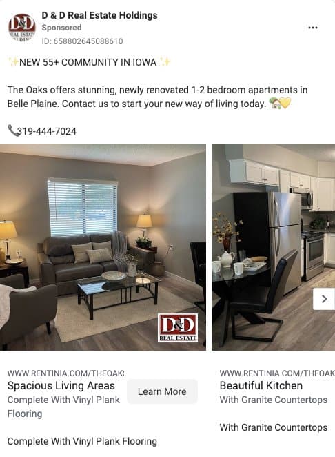 Facebook real estate ad example from D&D Real Estate