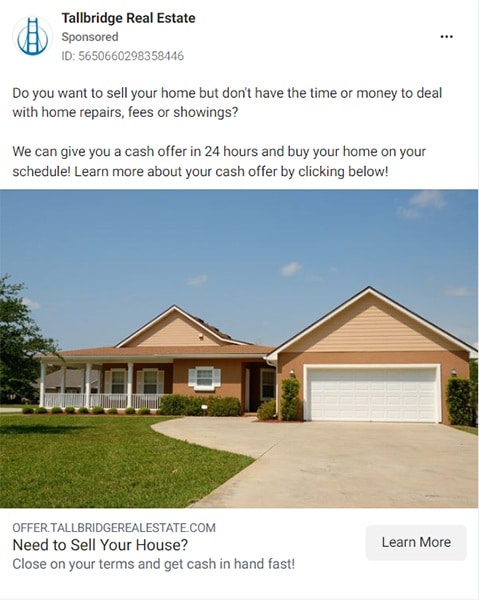 Facebook real estate ad example from Tallbridge real estate
